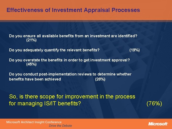 Effectiveness of Investment Appraisal Processes Do you ensure all available benefits from an investment