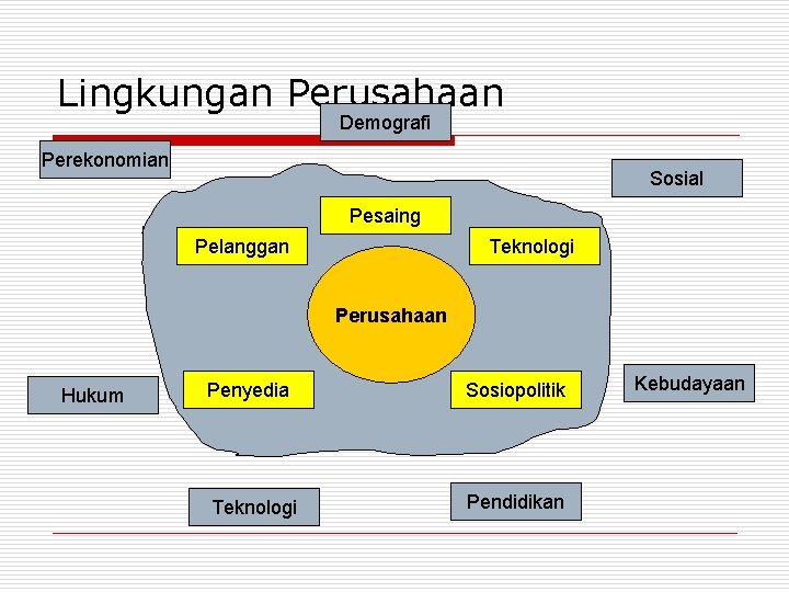 Lingkungan Perusahaan Demografi Perekonomian Sosial Pesaing Pelanggan Teknologi Perusahaan Hukum Penyedia Sosiopolitik Teknologi Pendidikan