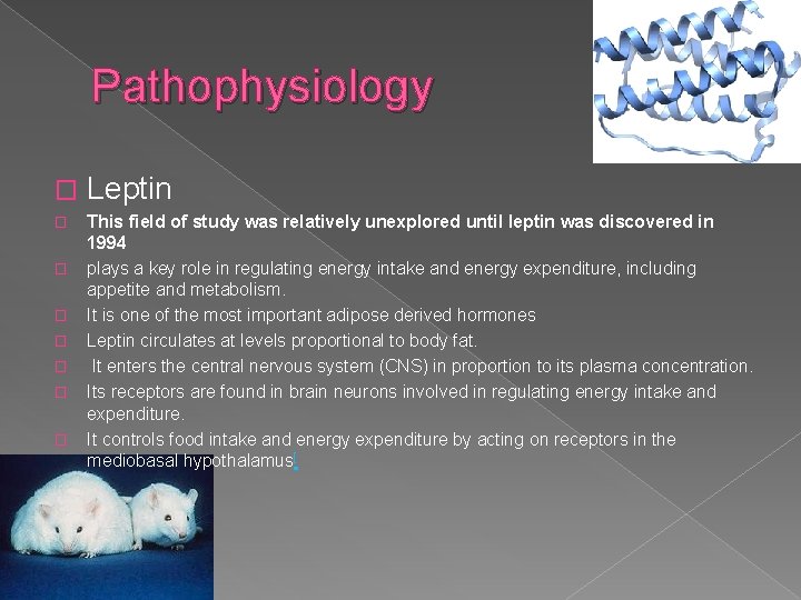 Pathophysiology � Leptin � This field of study was relatively unexplored until leptin was