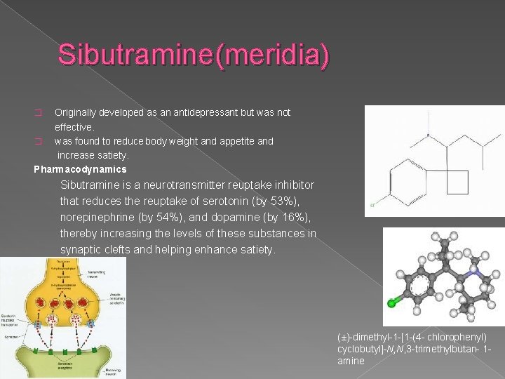 Sibutramine(meridia) Originally developed as an antidepressant but was not effective. � was found to Sibutramine(meridia) Originally developed as an antidepressant but was not effective. � was found to