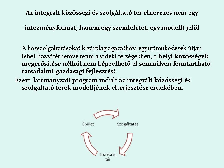 Az integrált közösségi és szolgáltató tér elnevezés nem egy intézményformát, hanem egy szemléletet, egy