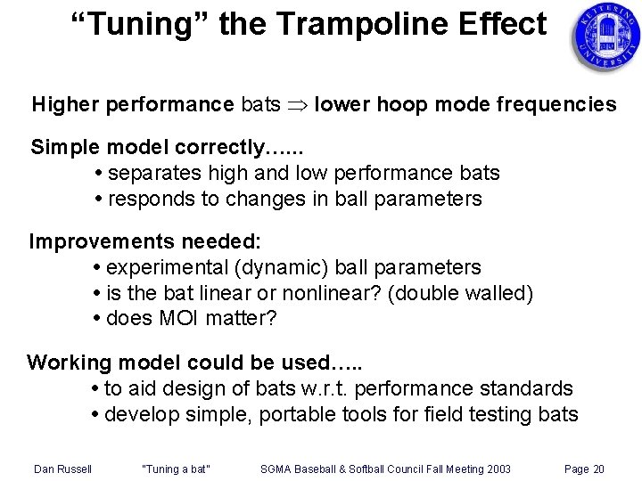 “Tuning” the Trampoline Effect Higher performance bats lower hoop mode frequencies Simple model correctly….