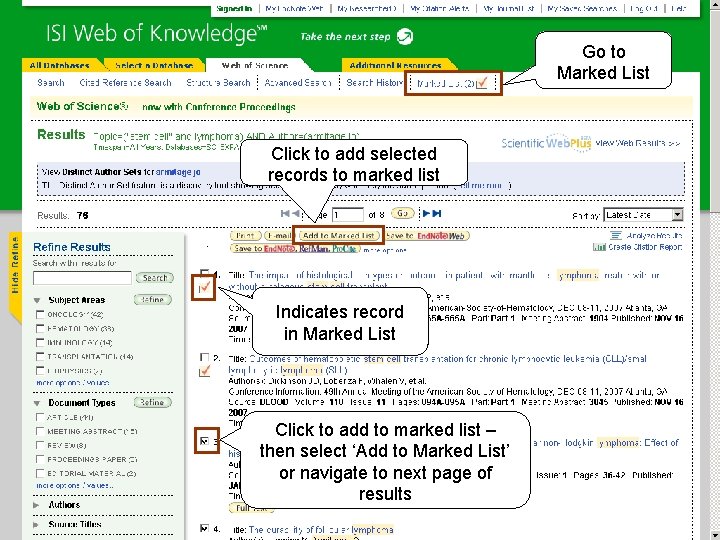 Go to Marked List Click to add selected records to marked list Indicates record