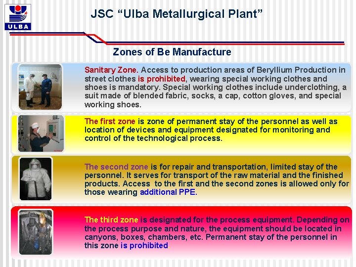 JSC “Ulba Metallurgical Plant” Zones of Be Manufacture Sanitary Zone. Access to production areas JSC “Ulba Metallurgical Plant” Zones of Be Manufacture Sanitary Zone. Access to production areas