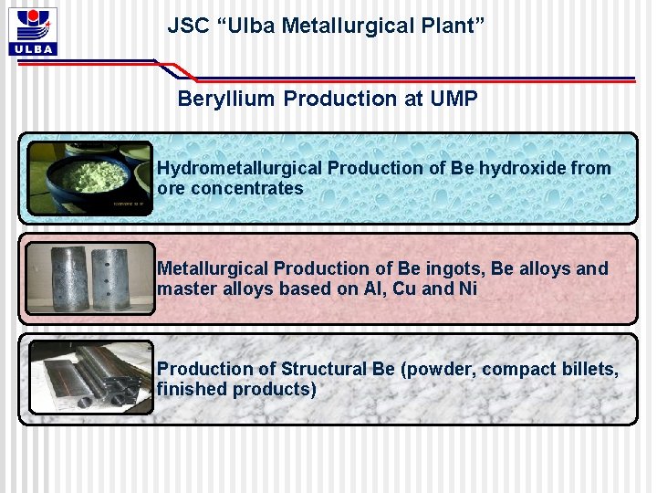 JSC “Ulba Metallurgical Plant” Beryllium Production at UMP Hydrometallurgical Production of Be hydroxide from