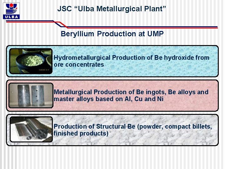 JSC “Ulba Metallurgical Plant” Beryllium Production at UMP Hydrometallurgical Production of Be hydroxide from JSC “Ulba Metallurgical Plant” Beryllium Production at UMP Hydrometallurgical Production of Be hydroxide from