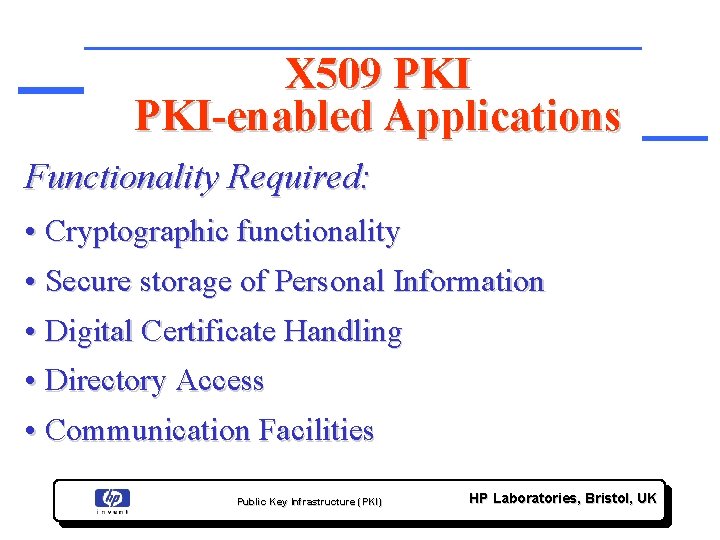 X 509 PKI-enabled Applications Functionality Required: • Cryptographic functionality • Secure storage of Personal