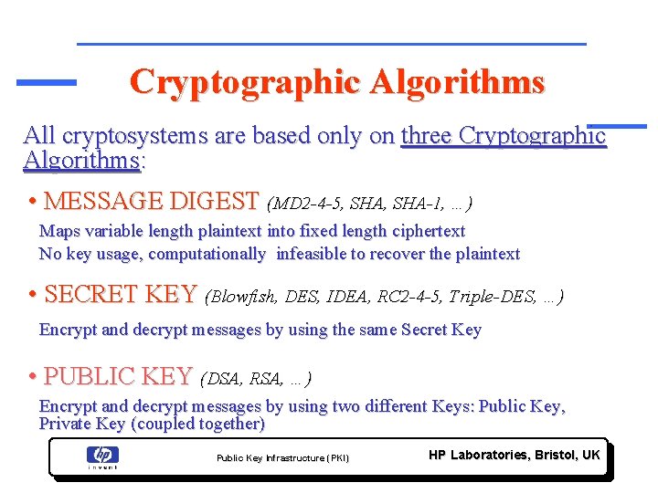 Cryptographic Algorithms All cryptosystems are based only on three Cryptographic Algorithms: • MESSAGE DIGEST