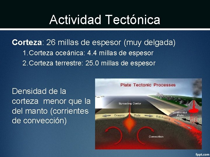 Actividad Tectónica Corteza: 26 millas de espesor (muy delgada) 1. Corteza oceánica: 4. 4