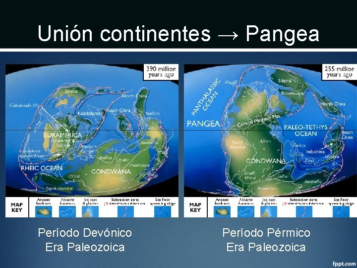 Unión continentes → Pangea Período Devónico Era Paleozoica Período Pérmico Era Paleozoica 