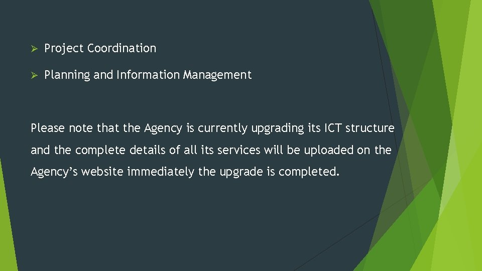 Ø Project Coordination Ø Planning and Information Management Please note that the Agency is