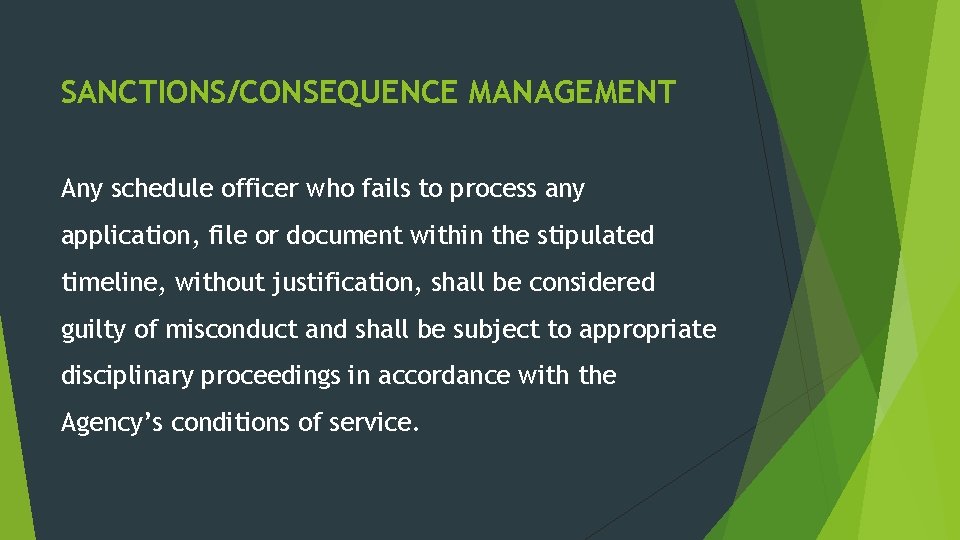 SANCTIONS/CONSEQUENCE MANAGEMENT Any schedule officer who fails to process any application, file or document