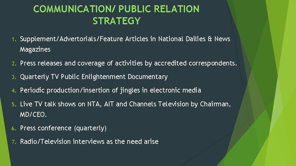 COMMUNICATION/ PUBLIC RELATION STRATEGY 1. Supplement/Advertorials/Feature Articles in National Dailies & News Magazines 2.