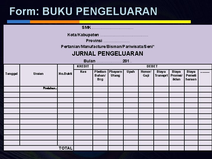 Form: BUKU PENGELUARAN SMK. . . . . Kota/Kabupaten. . . . . Provinsi.