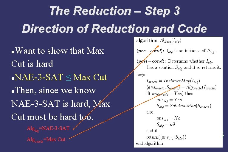 The Reduction – Step 3 Direction of Reduction and Code Want to show that
