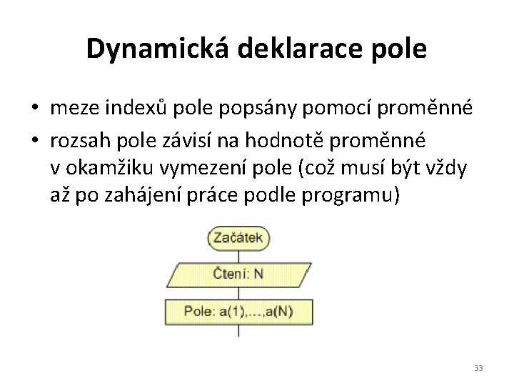 Dynamická deklarace pole • meze indexů pole popsány pomocí proměnné • rozsah pole závisí