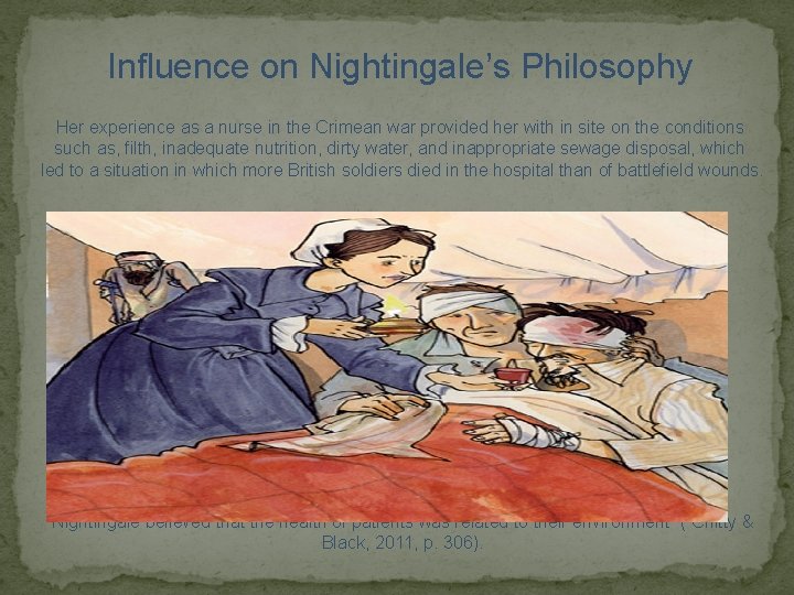 Influence on Nightingale’s Philosophy Her experience as a nurse in the Crimean war provided