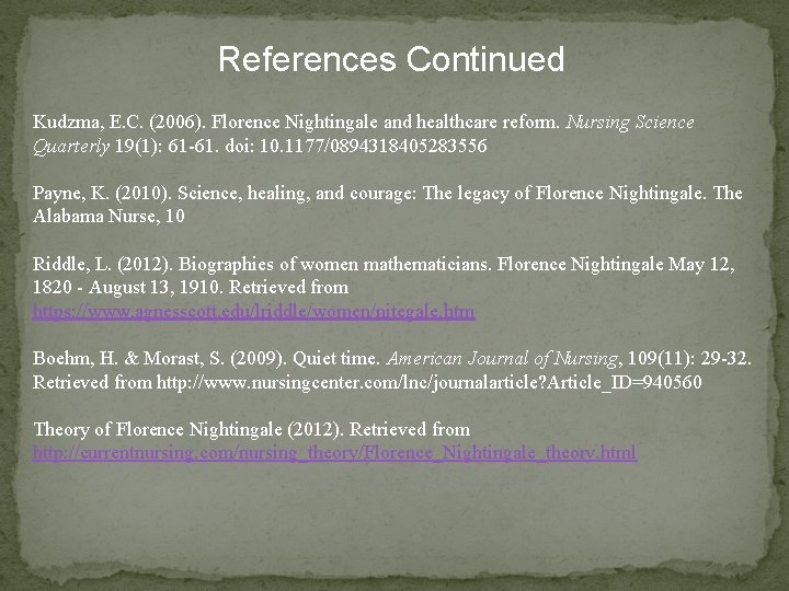 References Continued Kudzma, E. C. (2006). Florence Nightingale and healthcare reform. Nursing Science Quarterly