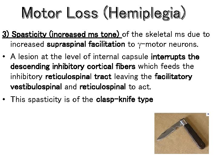 Motor Loss (Hemiplegia) 3) Spasticity (increased ms tone) of the skeletal ms due to