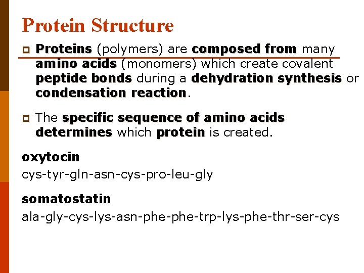 Protein Structure p Proteins (polymers) are composed from many amino acids (monomers) which create