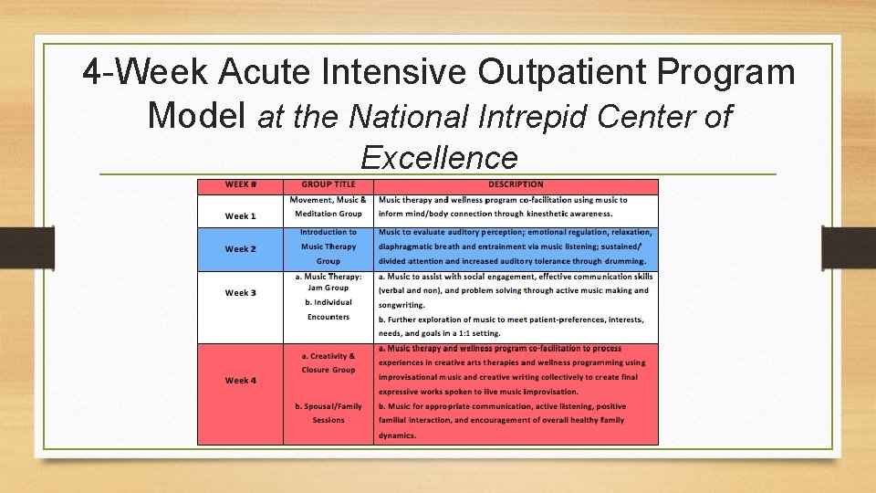 4 -Week Acute Intensive Outpatient Program Model at the National Intrepid Center of Excellence