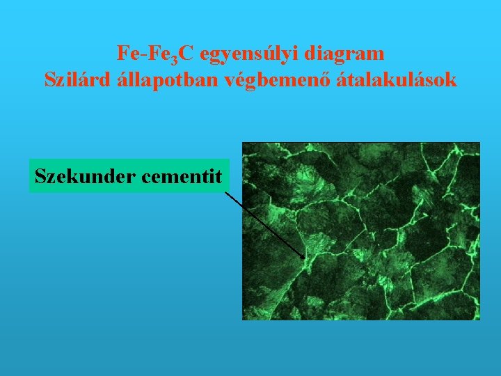 Fe-Fe 3 C egyensúlyi diagram Szilárd állapotban végbemenő átalakulások Szekunder cementit 