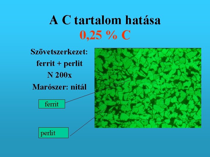 A C tartalom hatása 0, 25 % C Szövetszerkezet: ferrit + perlit N 200