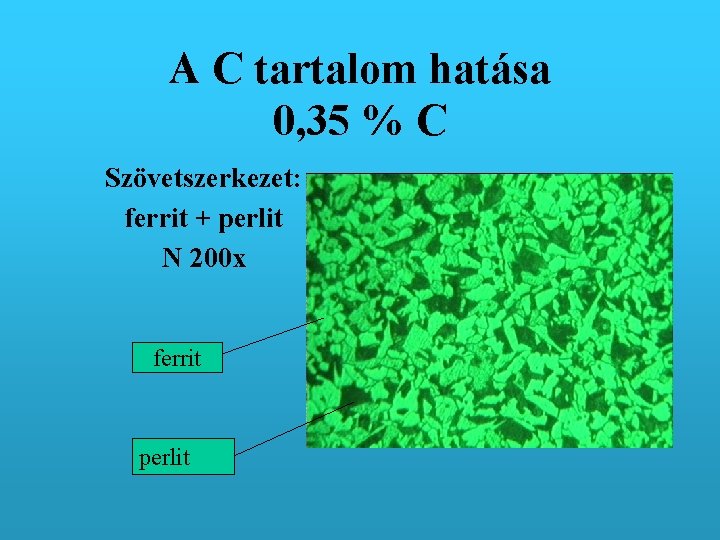 A C tartalom hatása 0, 35 % C Szövetszerkezet: ferrit + perlit N 200