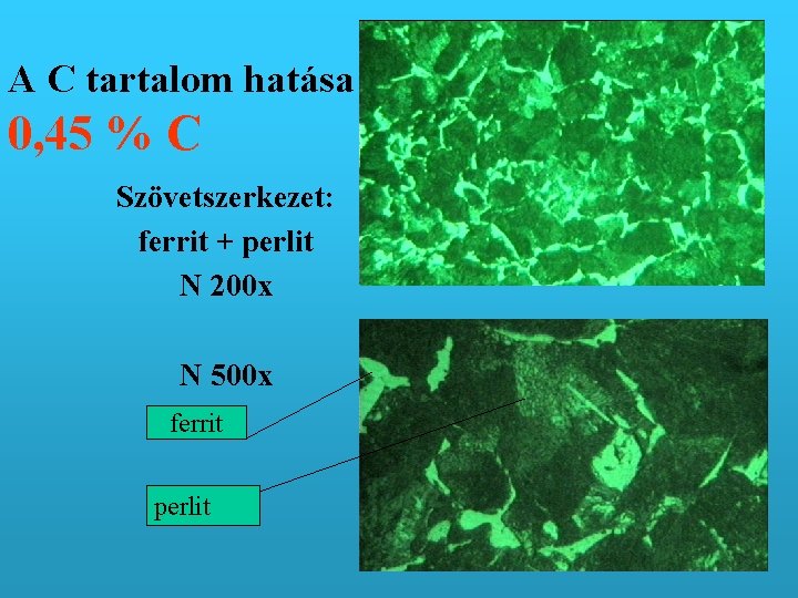 A C tartalom hatása 0, 45 % C Szövetszerkezet: ferrit + perlit N 200