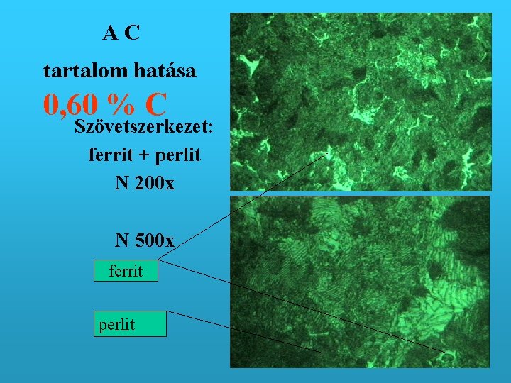 AC tartalom hatása 0, 60 % C Szövetszerkezet: ferrit + perlit N 200 x