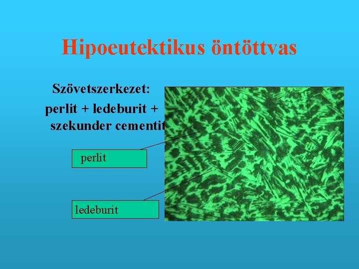 Hipoeutektikus öntöttvas Szövetszerkezet: perlit + ledeburit + szekunder cementit perlit ledeburit 