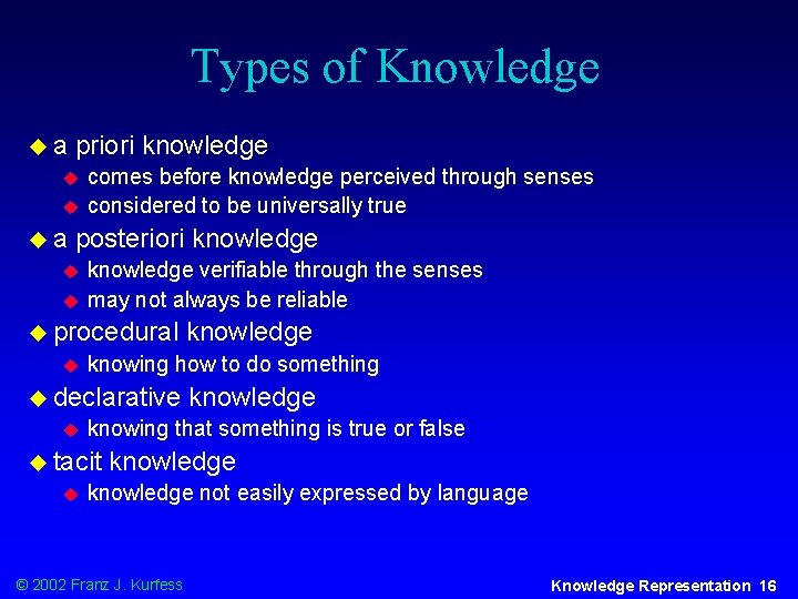 Types of Knowledge ua priori knowledge u u ua comes before knowledge perceived through