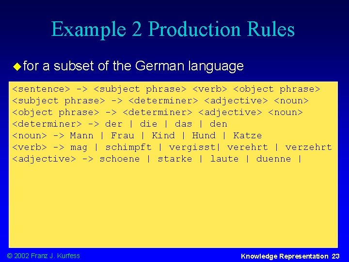 Example 2 Production Rules u for a subset of the German language <sentence> ->