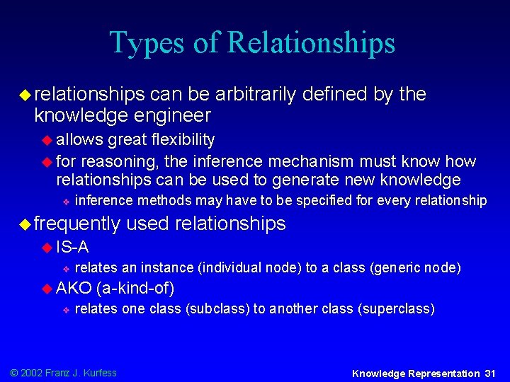 Types of Relationships u relationships can be arbitrarily defined by the knowledge engineer u
