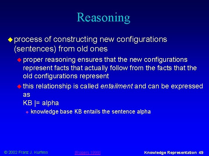 Reasoning u process of constructing new configurations (sentences) from old ones u proper reasoning