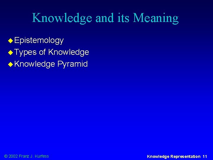 Knowledge and its Meaning u Epistemology u Types of Knowledge u Knowledge Pyramid ©