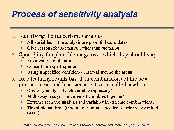 Process of sensitivity analysis 1. Identifying the (uncertain) variables · All variables in the