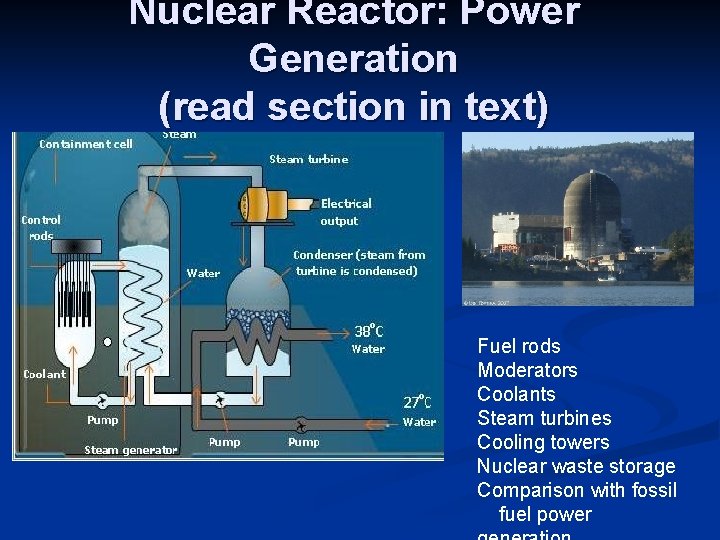 Nuclear Reactor: Power Generation (read section in text) Fuel rods Moderators Coolants Steam turbines