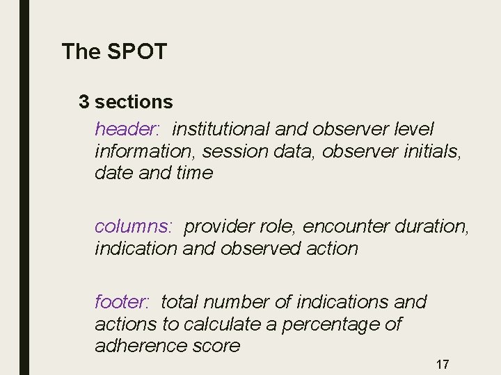 The SPOT 3 sections header: institutional and observer level information, session data, observer initials,