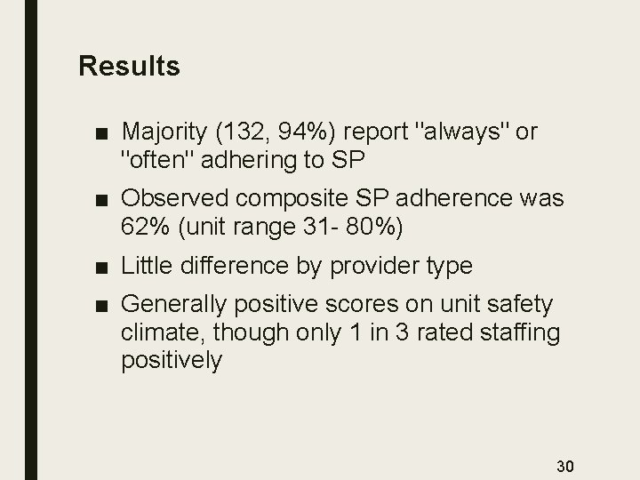 Results ■ Majority (132, 94%) report "always" or "often" adhering to SP ■ Observed