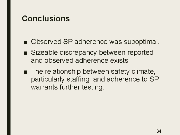 Conclusions ■ Observed SP adherence was suboptimal. ■ Sizeable discrepancy between reported and observed