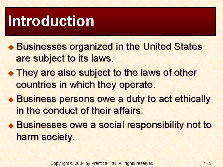 Introduction u Businesses organized in the United States are subject to its laws. u