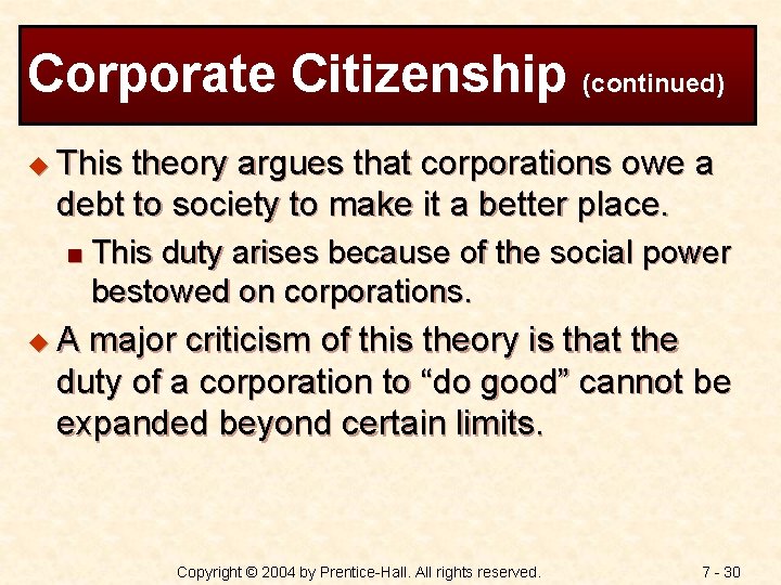 Corporate Citizenship (continued) u This theory argues that corporations owe a debt to society