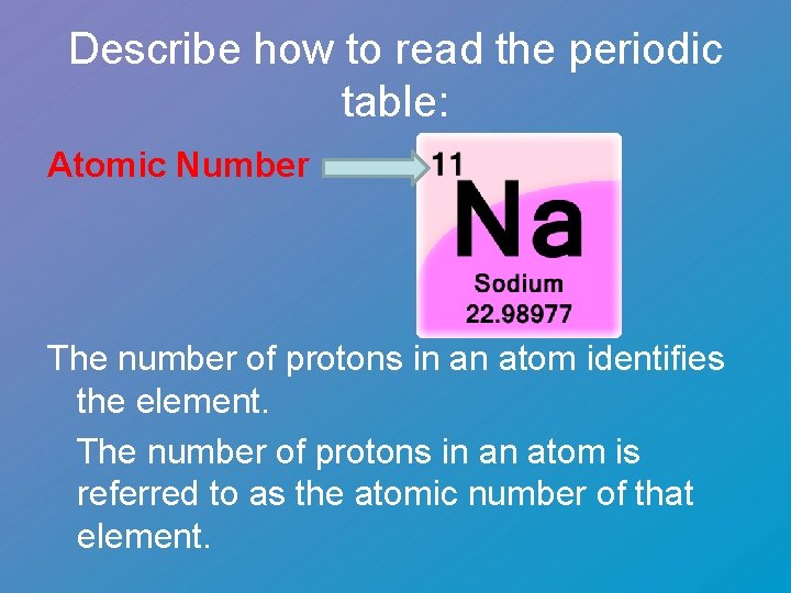 Describe how to read the periodic table: Atomic Number The number of protons in