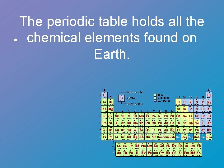 The periodic table holds all the • chemical elements found on Earth. 