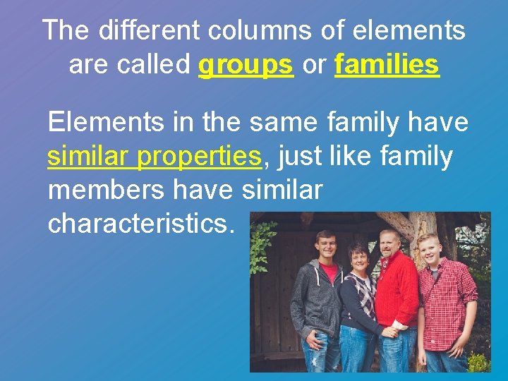 The different columns of elements are called groups or families Elements in the same