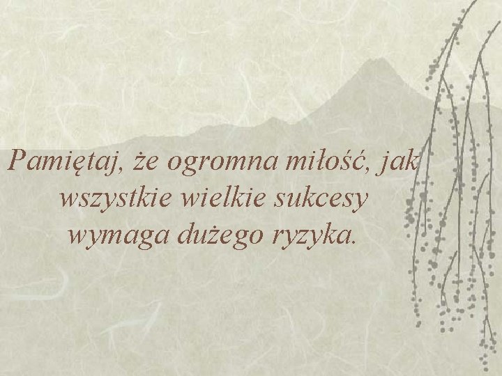 Pamiętaj, że ogromna miłość, jak wszystkie wielkie sukcesy wymaga dużego ryzyka. Pamiętaj, że ogromna miłość, jak wszystkie wielkie sukcesy wymaga dużego ryzyka.