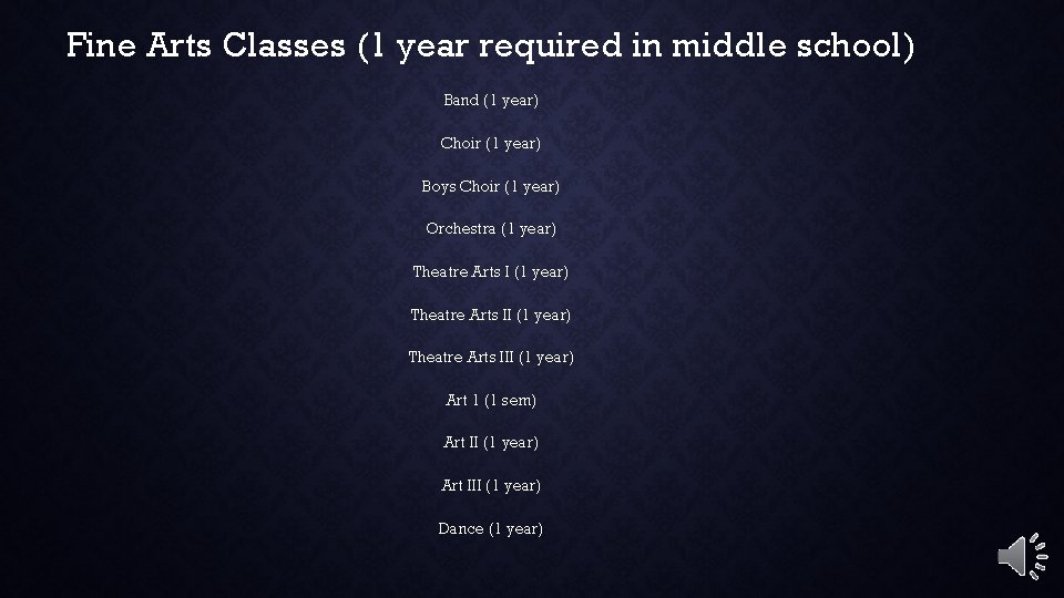 Fine Arts Classes (1 year required in middle school) Band (1 year) Choir (1