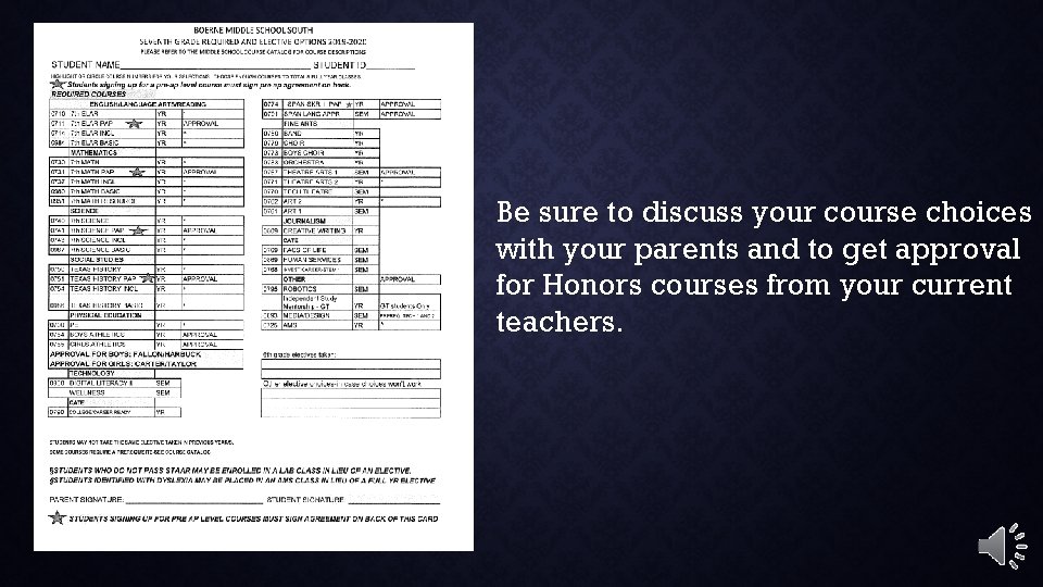 Be sure to discuss your course choices with your parents and to get approval