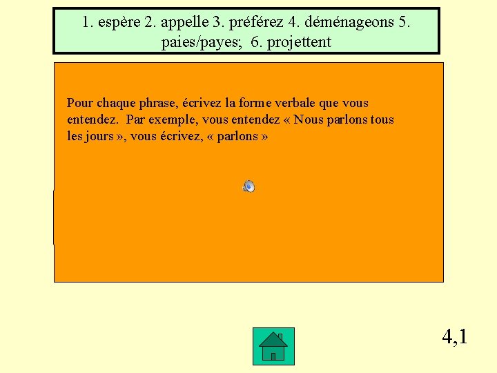 1. espère 2. appelle 3. préférez 4. déménageons 5. paies/payes; 6. projettent Pour chaque